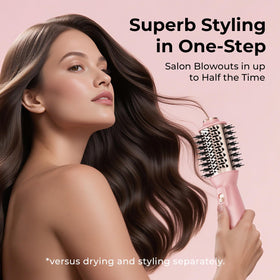 PLAVOGUE travel-friendly compact dryer brush in hand supports quick on-the-go grooming.