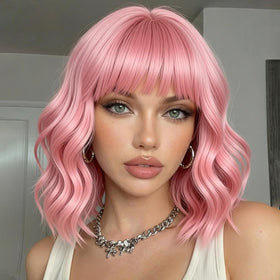 Plenday pink bob wig with bangs for daily wear and shoulder-length style.