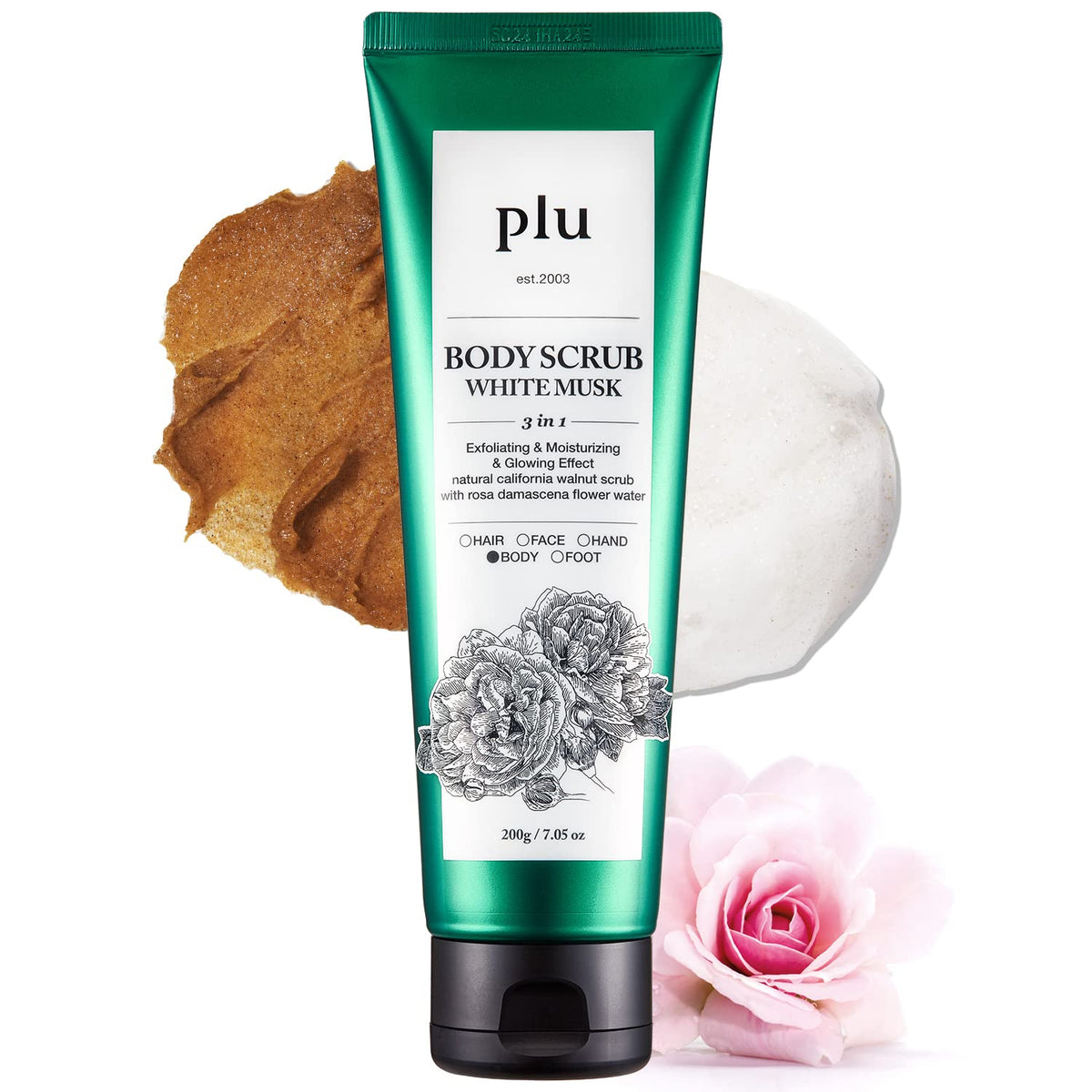 PLU Original Korean Walnut Scrub jar close-up highlights exfoliation for smooth skin.