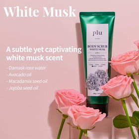 PLU vanity display with scrub evokes a spa-like shower routine.