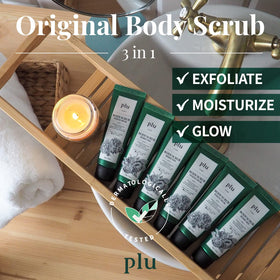 PLU walnut shells close-up showing ultra-fine natural exfoliation for smoother skin.