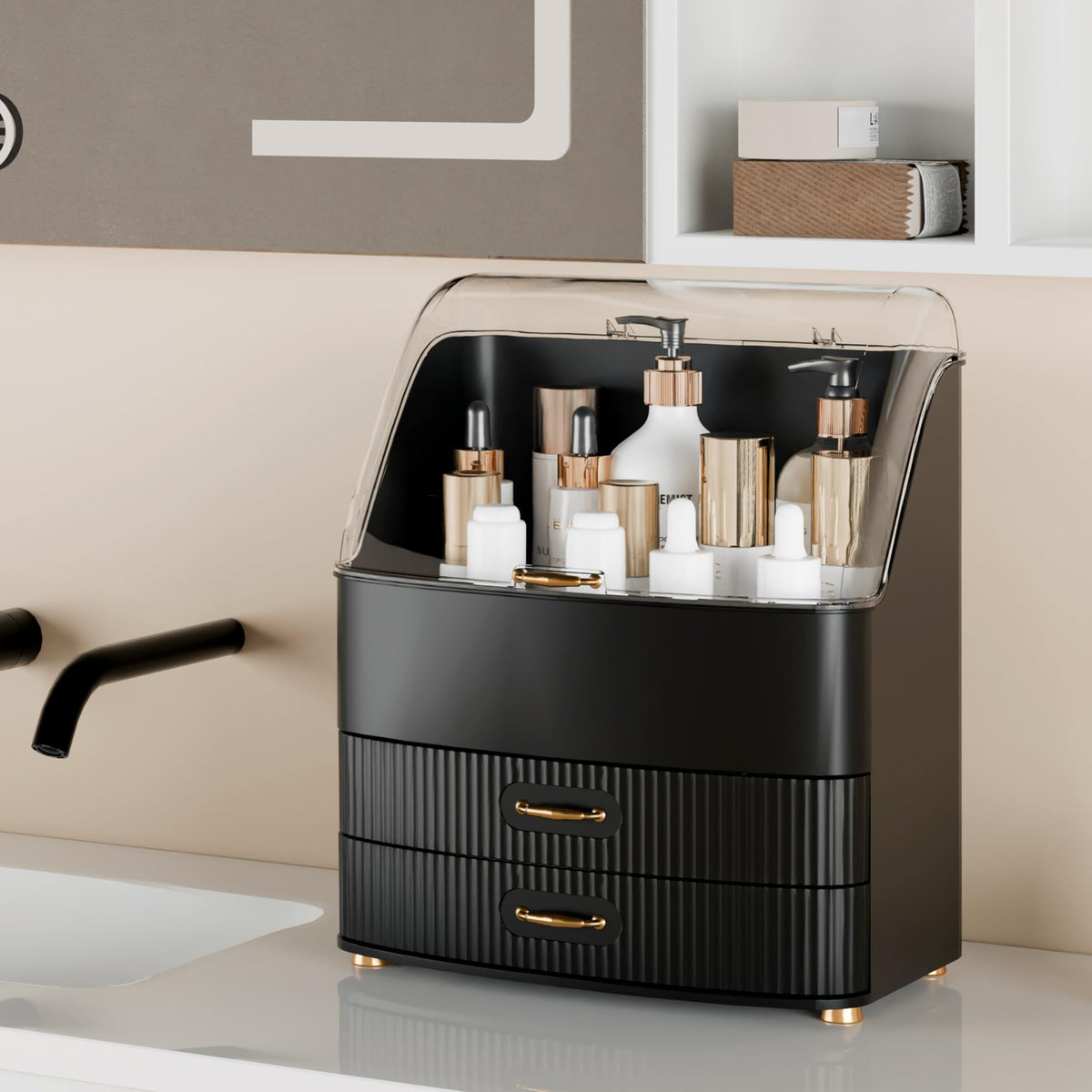 Plukers organizer features luxury electroplated handles for smooth drawer glide.