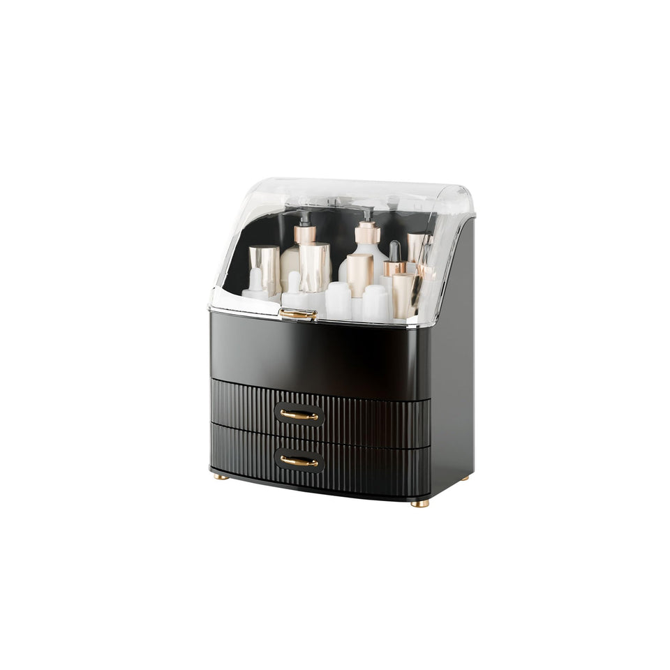 Plukers makeup organizer with transparent lid drawers for quick access and visibility.