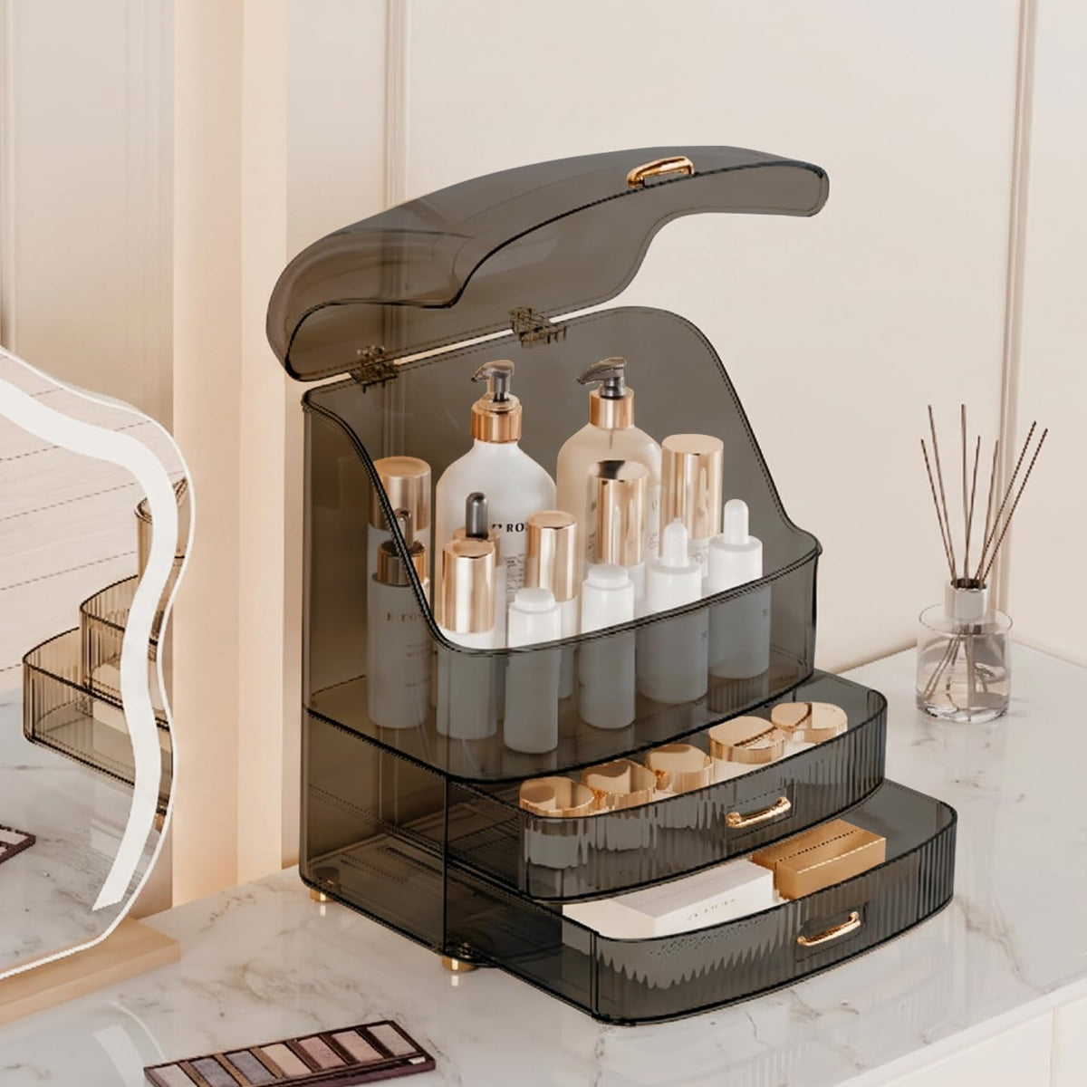 Plukers organizer with electroplated luxury handles and smooth drawer glide.