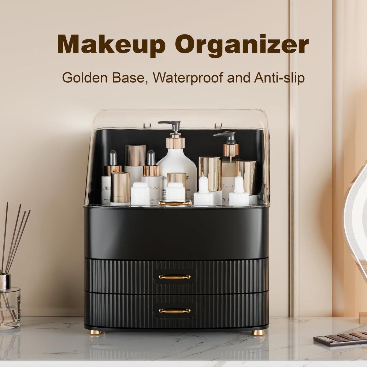 Plukers vanity storage with dustproof lid keeps cosmetics organized and clean.