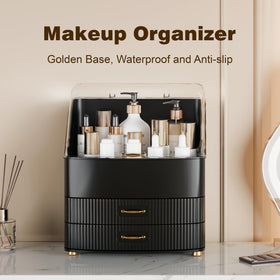 Plukers vanity storage with dustproof lid keeps cosmetics organized and clean.