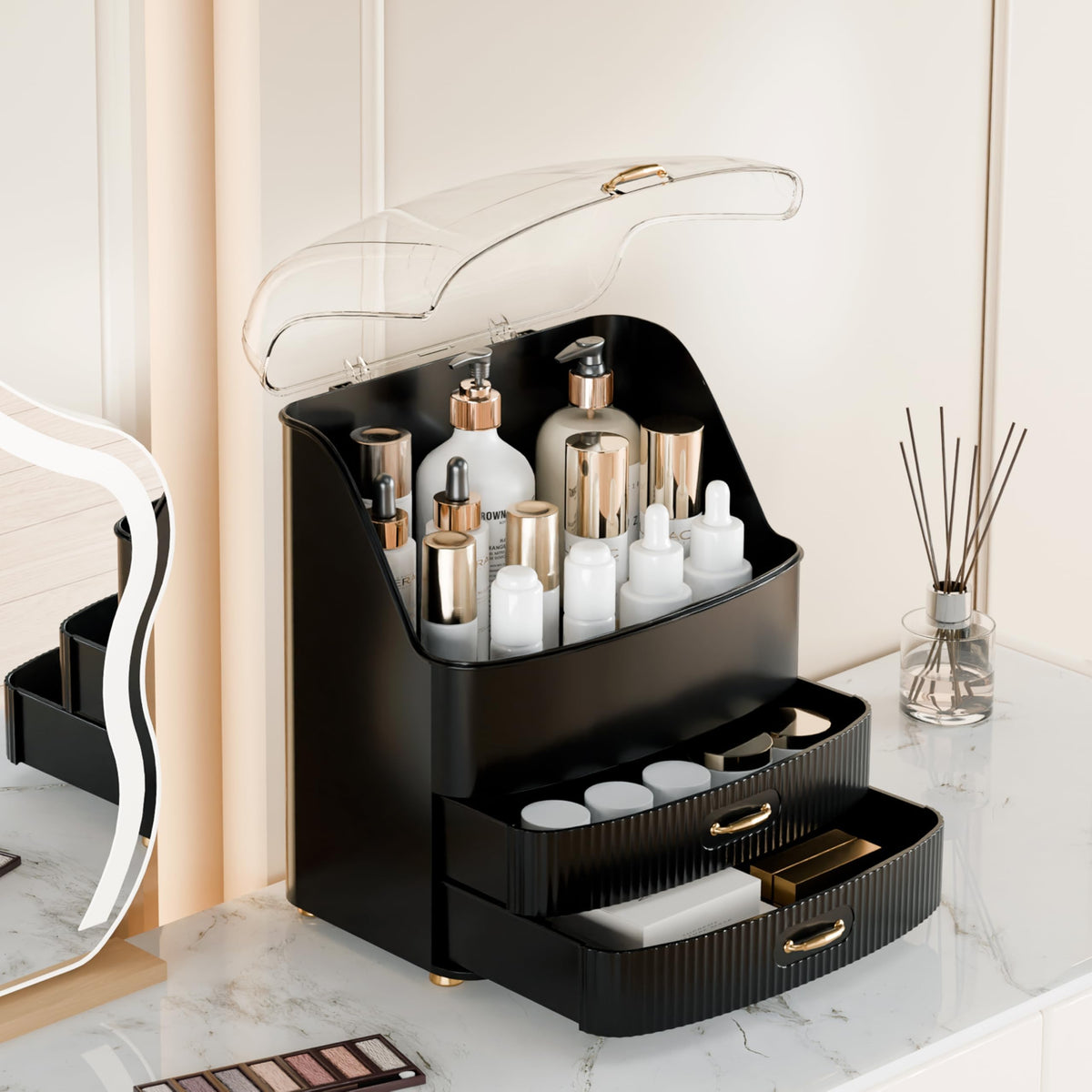 Plukers waterproof cosmetics organizer is easy to wipe clean for humid bathrooms.
