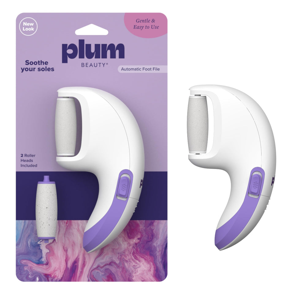Plum Beauty Automatic Foot File front view with compact design for on-the-go pedicures.