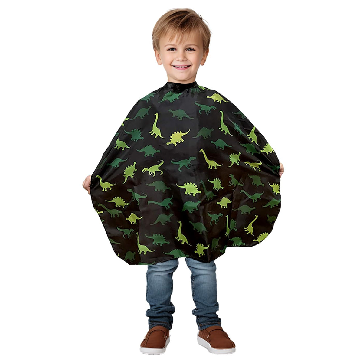 Plum Hill dinosaur-pattern kid cape keeps clothes clean during home haircuts.