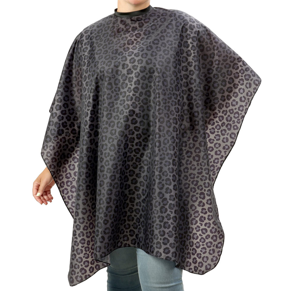 Plum Hill waterproof black leopard cape close-up showing water resistance for salon spills