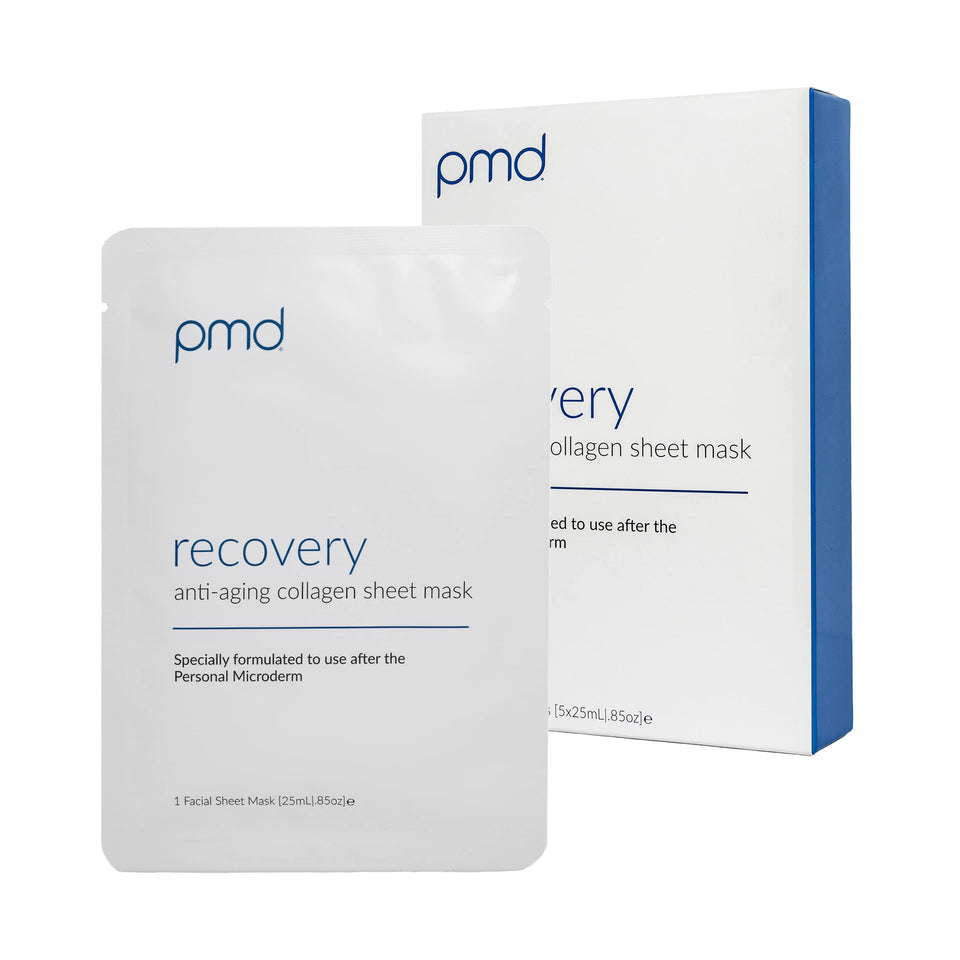 PMD Beauty Recovery anti-aging mask pack showing hydration focus and soothing design.