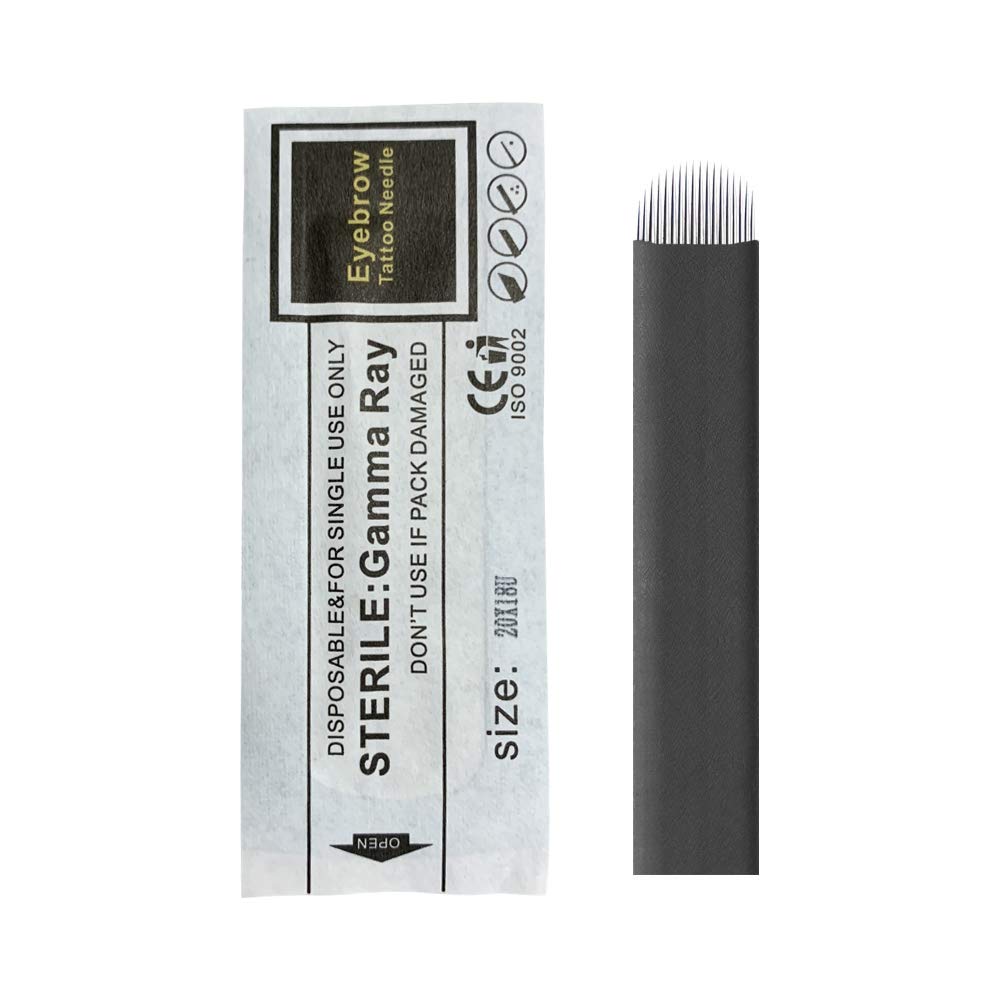 PMU Beauty U18 microblading needle close-up for precise eyebrow lines.
