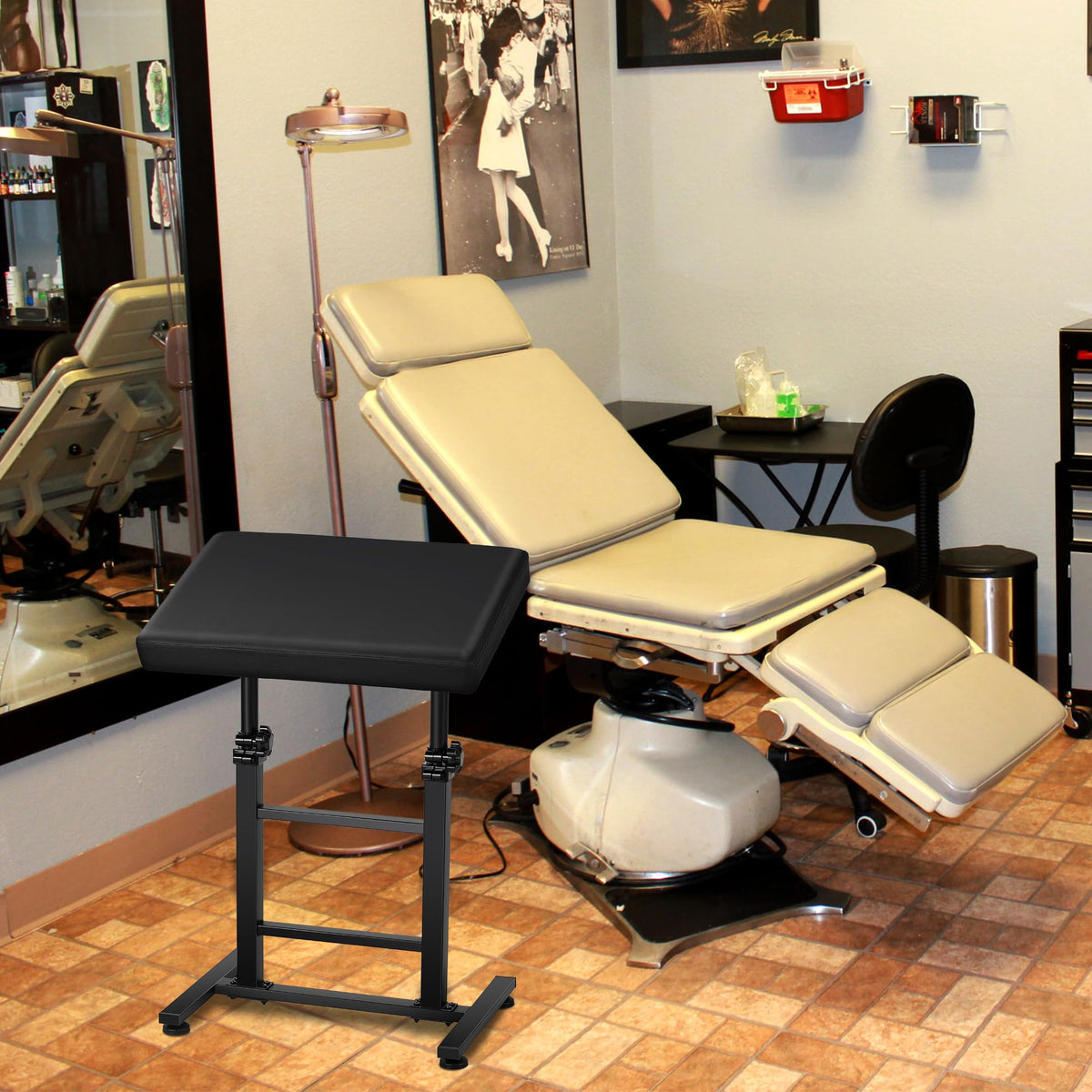 Poarmeey Tattoo Armrest assembly image illustrates easy setup with manual included.