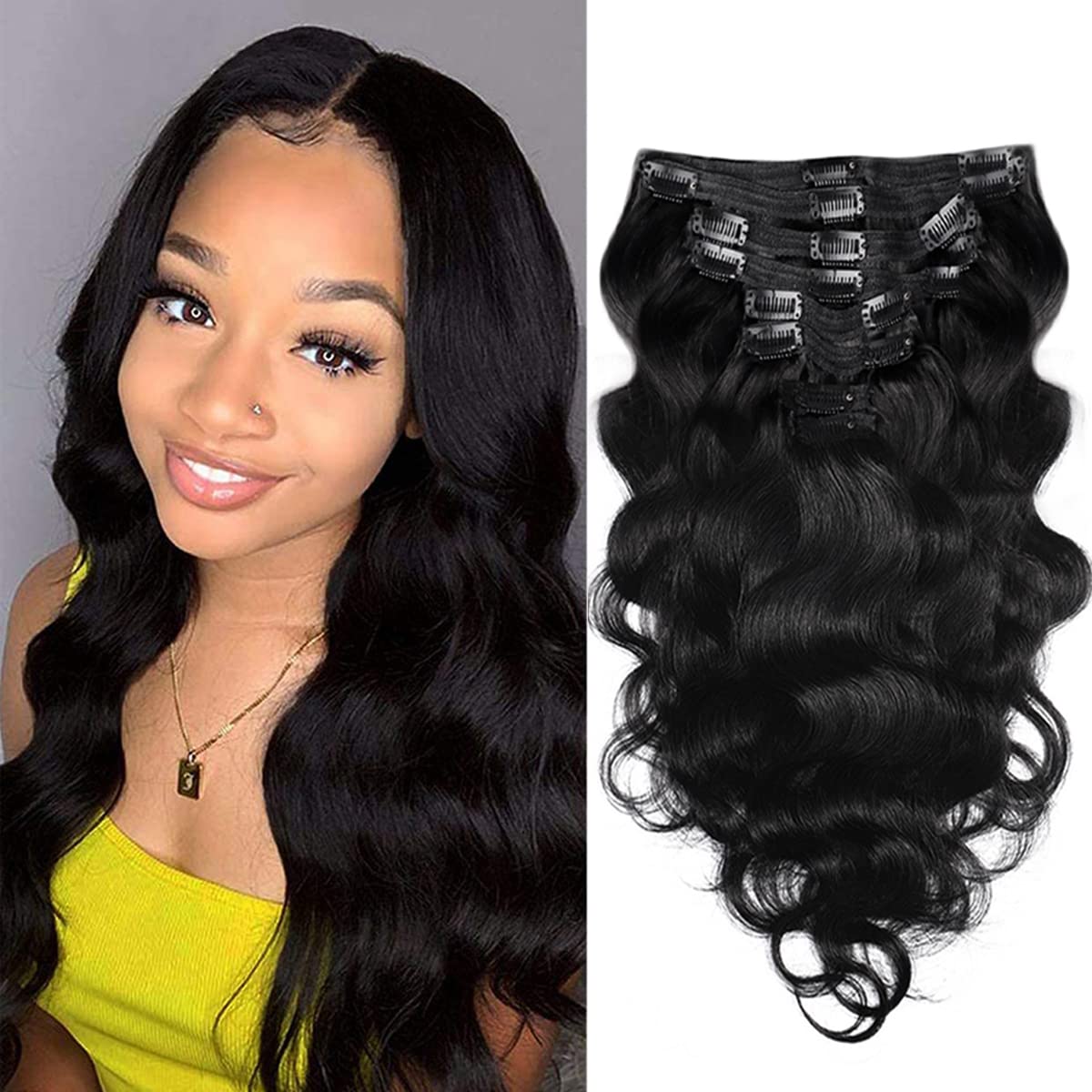 Pobokix body wave Brazilian clip-in extensions on model for seamless natural blend