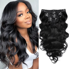 Pobokix Body Wave clip-in extensions pack in hand showing instant length and volume.
