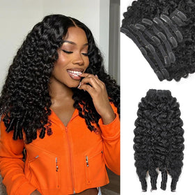 Pobokix Burmese curly clip-in extensions in natural black blend smoothly for a seamless look.