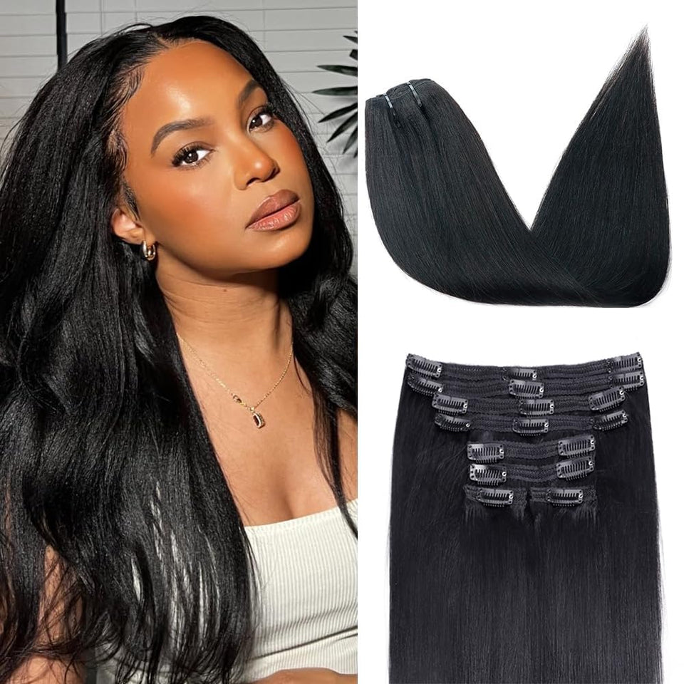 Pobokix Yaki Straight clip-in extensions eight-piece set for instant length and volume.