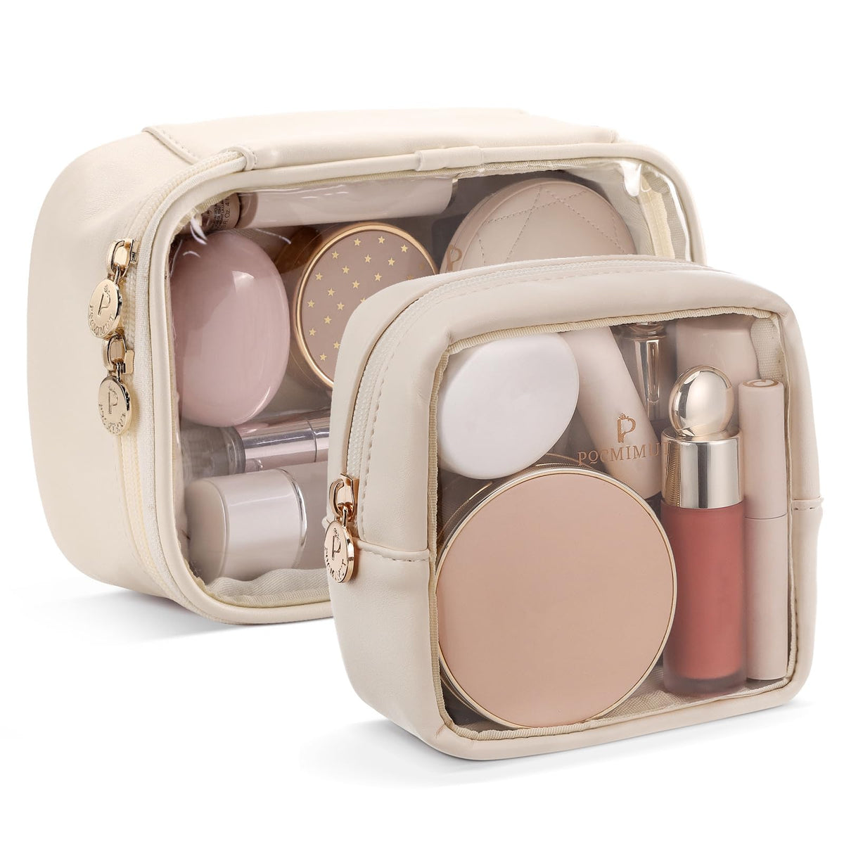 Pocmimut mini makeup bag beige shown front, ideal for travel storage and quick access.