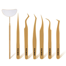 POCMKO seven-piece lash tweezers set for precise grafting and efficient extensions.