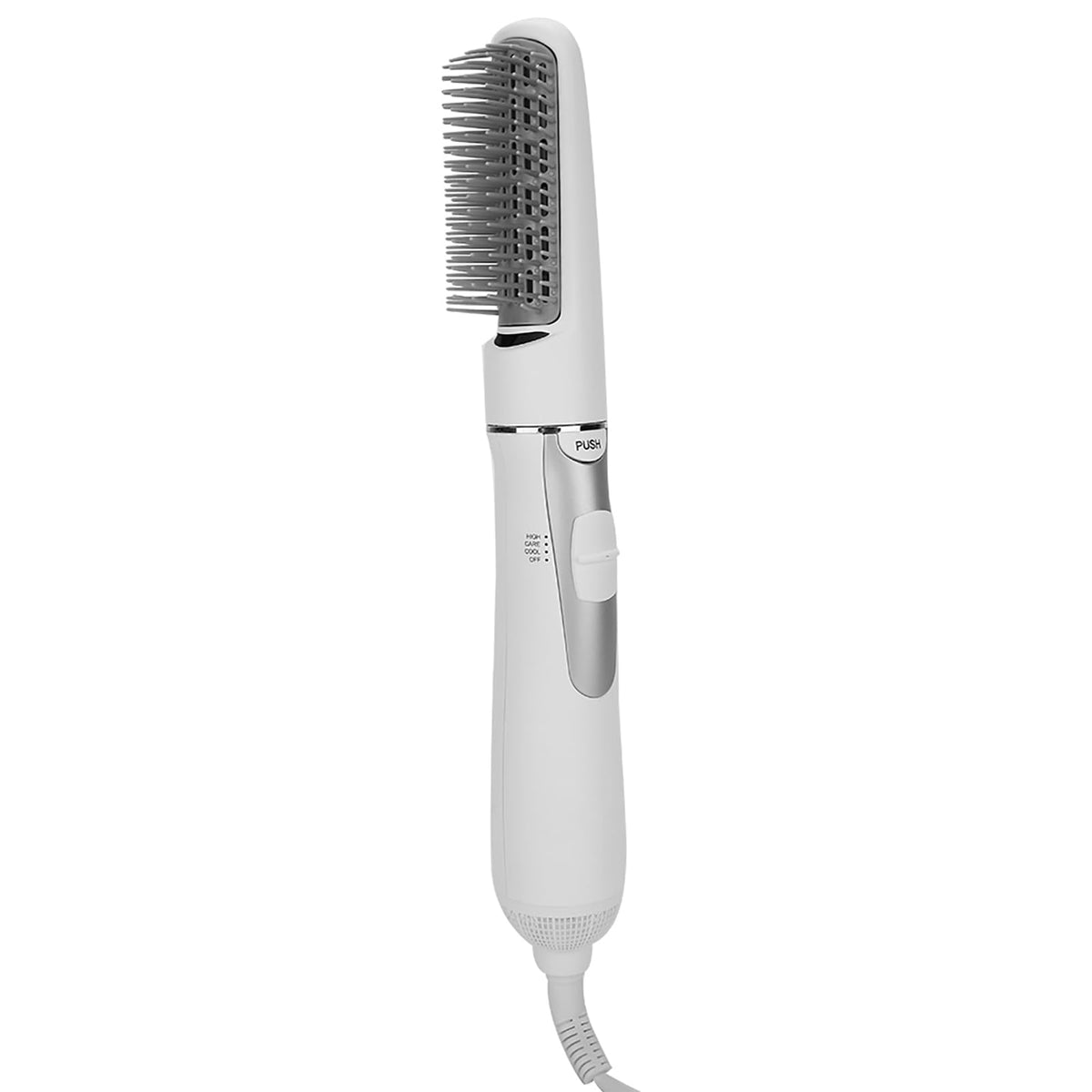 POCREATION 2-in-1 hair dryer brush with teasing comb for quick styling and smoothing.