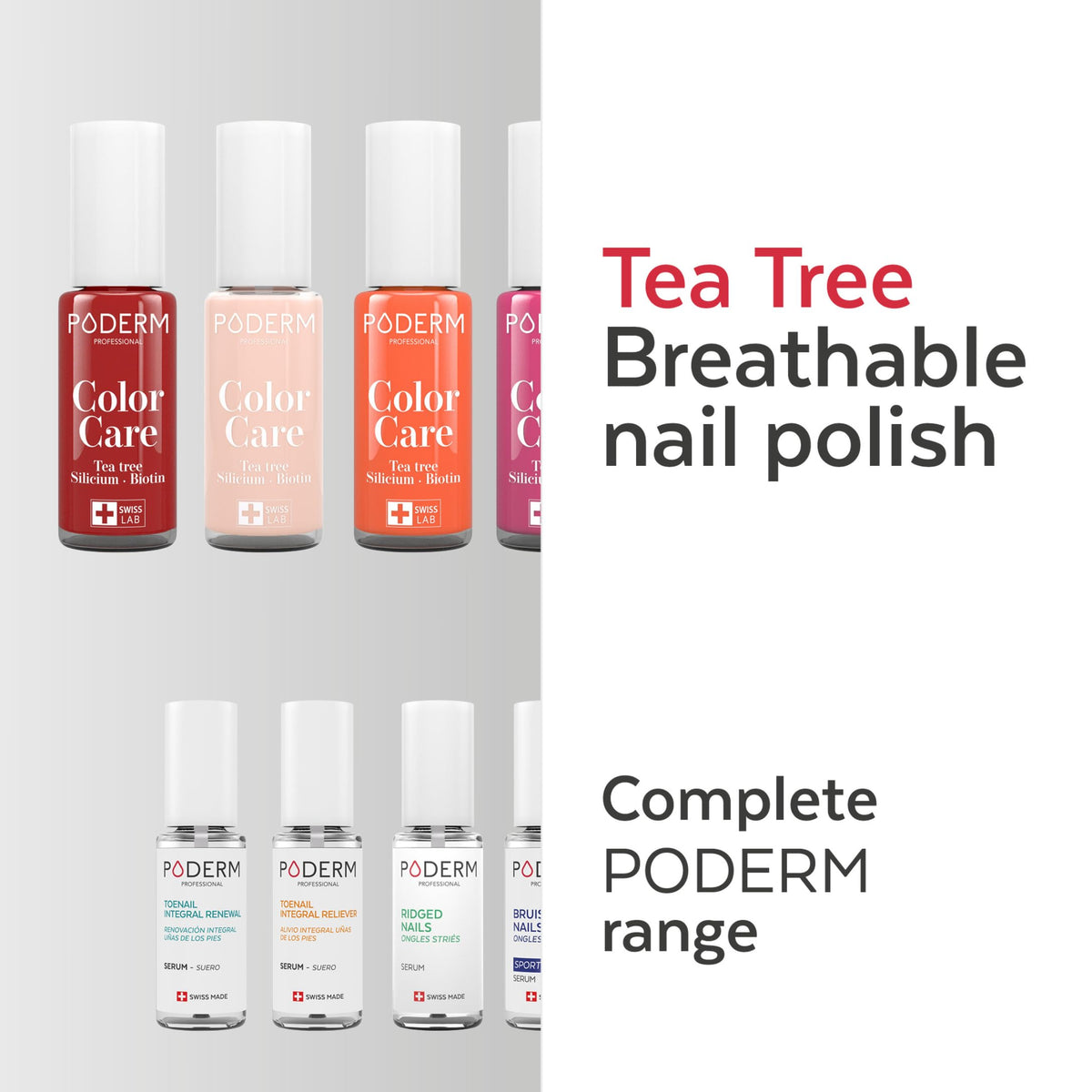 PODERM Color Care Nail Polish line with Tea Tree and Biotin.
