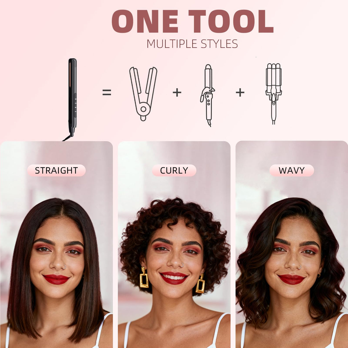 Podiality 2-in-1 straightener-curler in action for straight, sleek looks and waves.