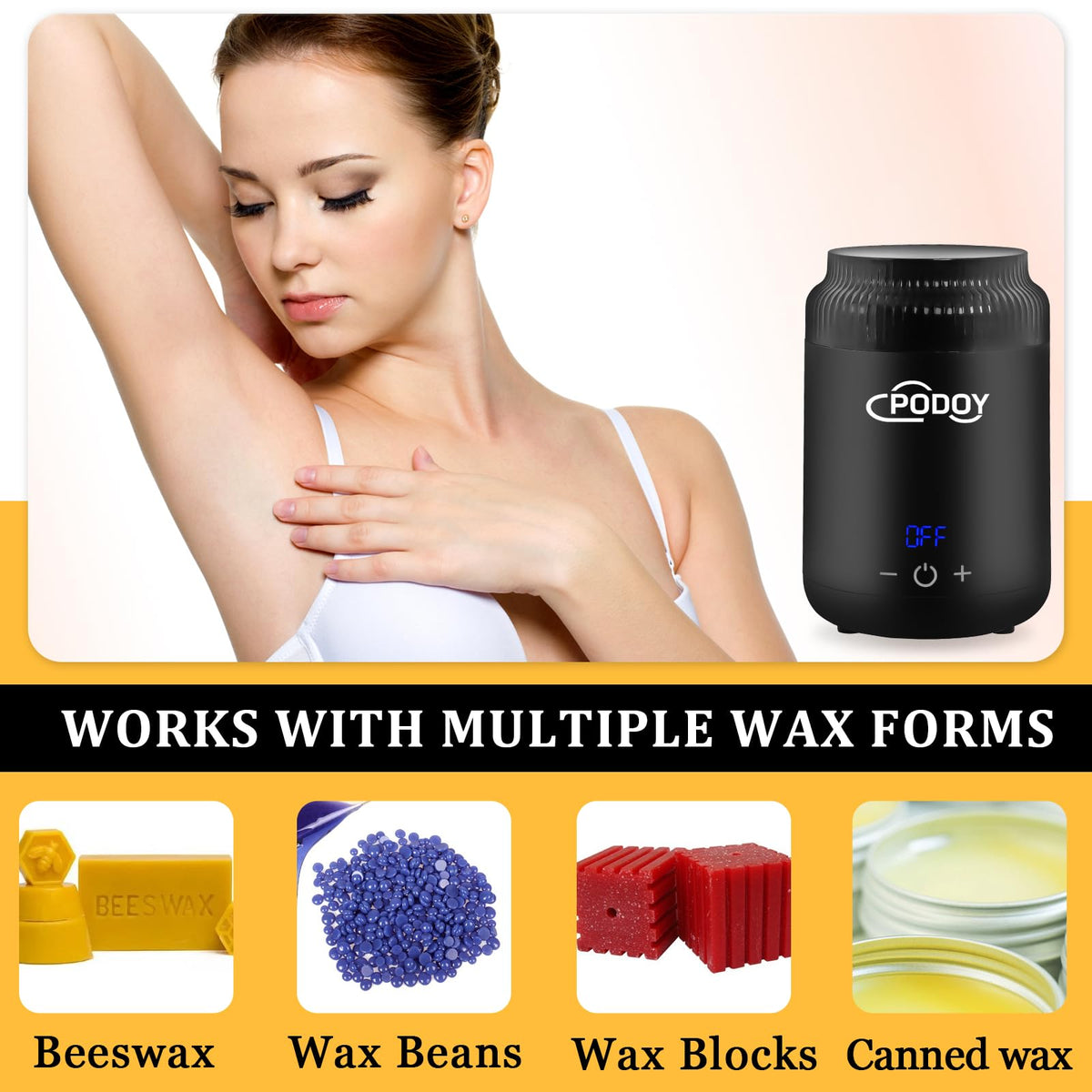 Podoy mini wax pot warmer digital display showing temperature for precise heating.