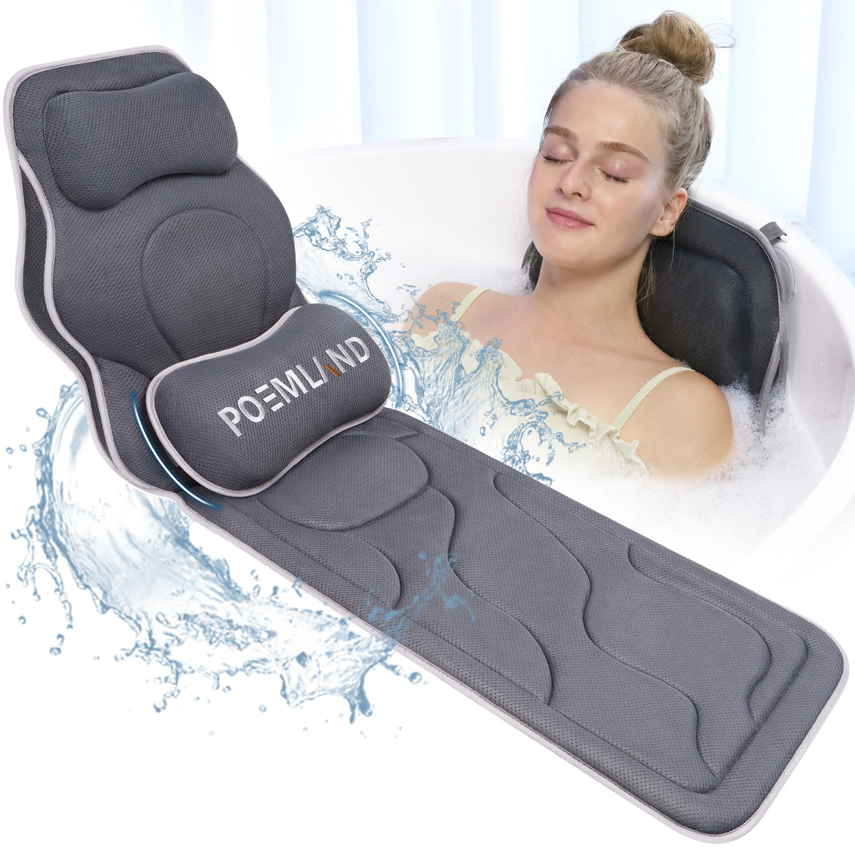 Poemland full body bath pillow gray front view offers full tub coverage for a comfortable soak