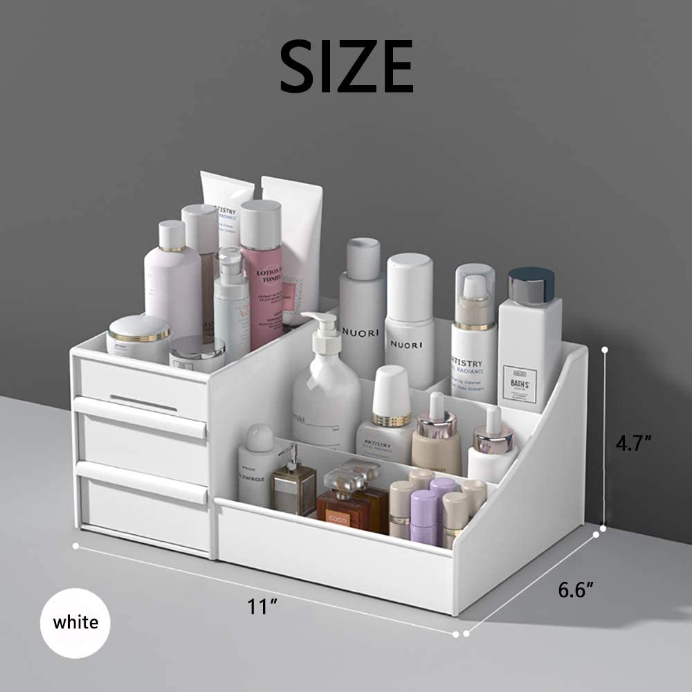 POFUOT makeup desk organizer with drawers stores bottles and brushes neatly.