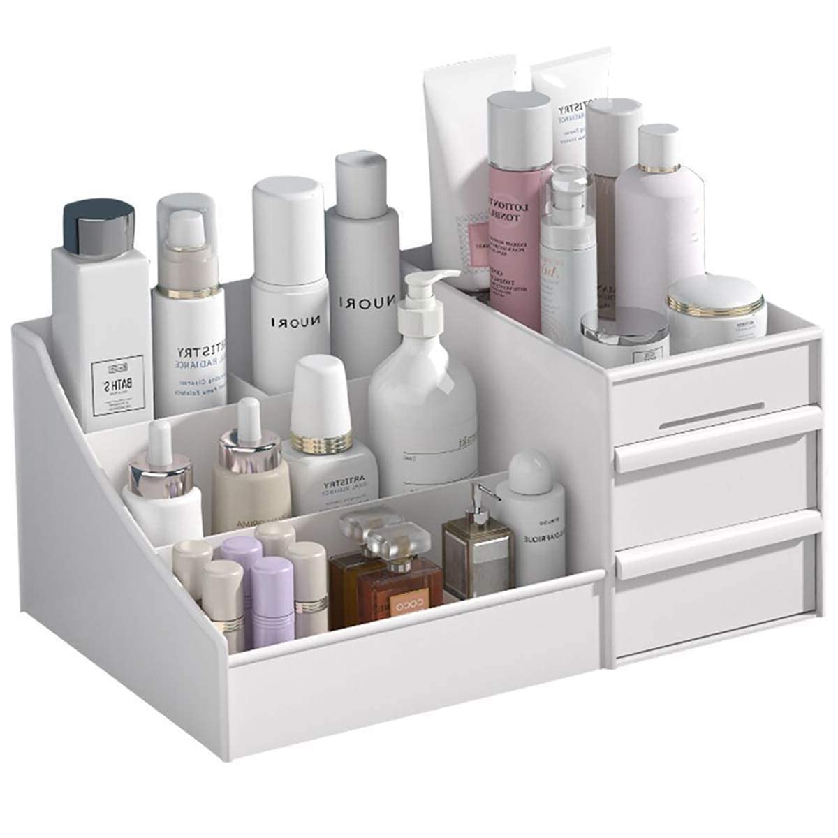 POFUOT skin care organizer with drawers keeps cosmetics organized and easy to access.