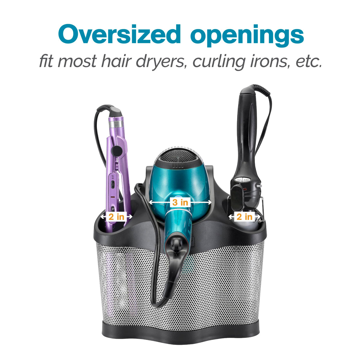 Polder Style Station rear cord pocket hides cords for a tidy vanity.
