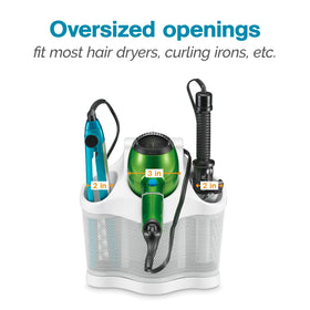 Polder Style Station straightener slot provides clutter-free storage for hot tools.