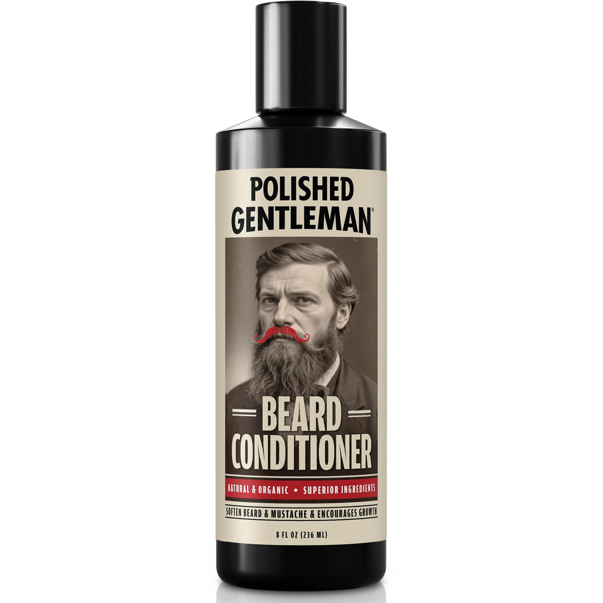 Polished Gentleman Beard Conditioner bottle closeup showing nourishing oils for softer beard.