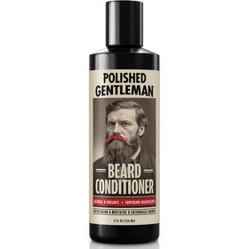 Polished Gentleman Beard Conditioner bottle closeup showing nourishing oils for softer beard.
