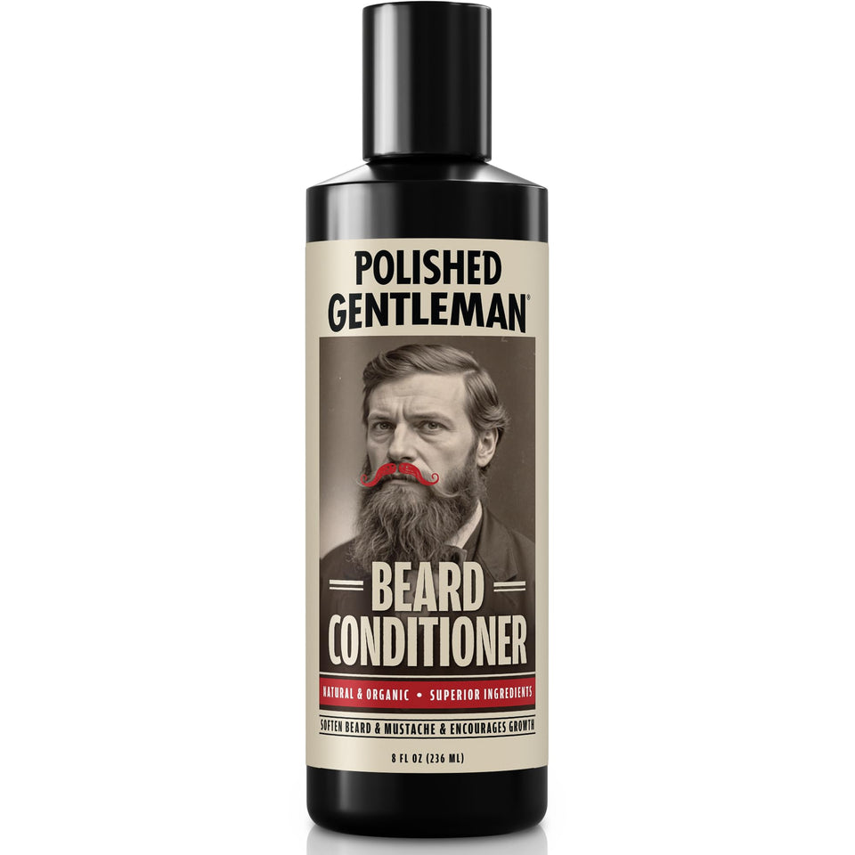 Polished Gentleman Beard Conditioner bottle closeup showing nourishing oils for softer beard.