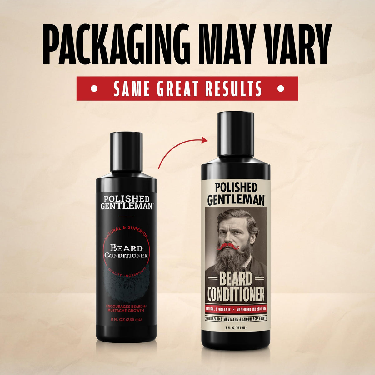 Polished Gentleman Beard Conditioner label closeup highlighting natural ingredients for strong, hydrated facial hair.