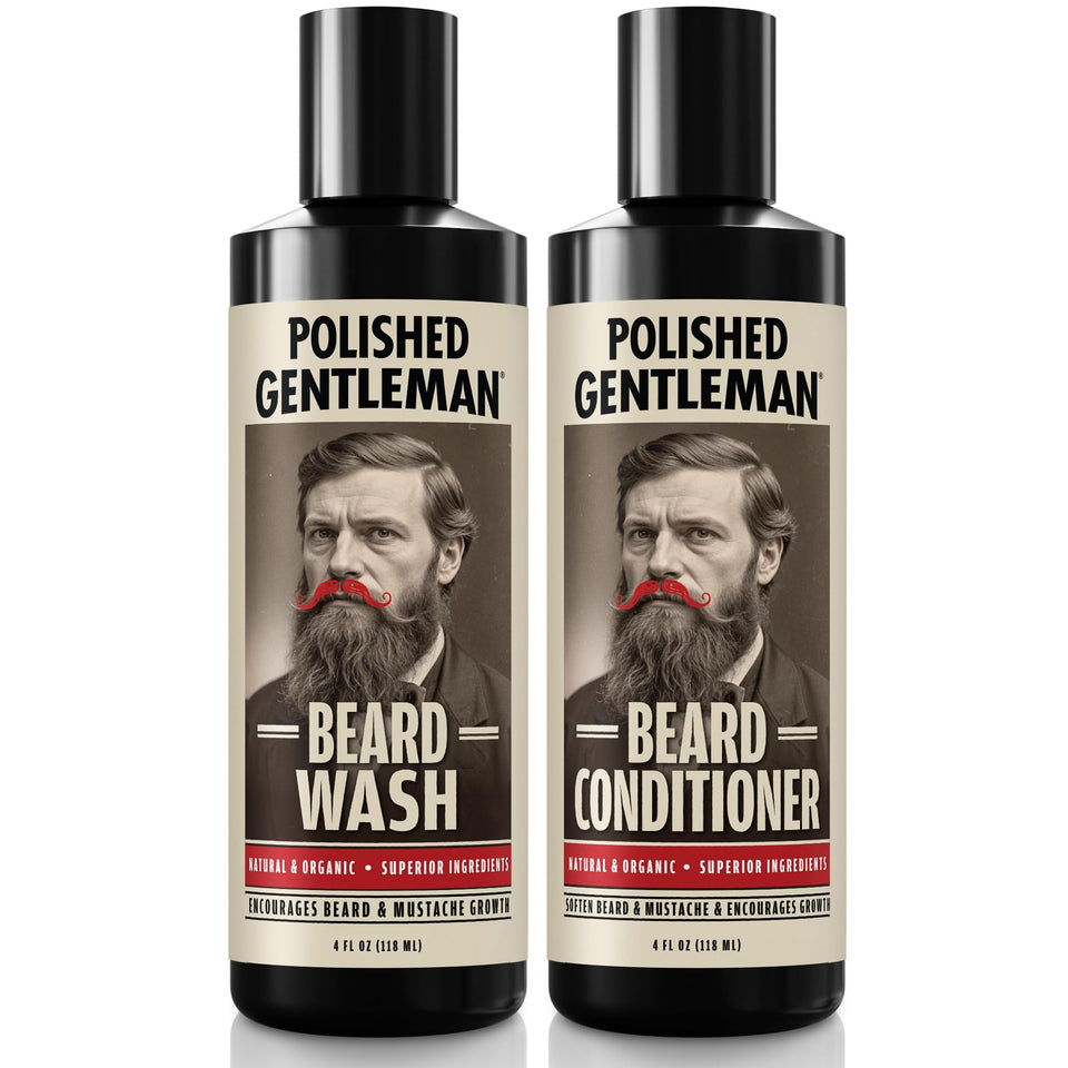 Polished Gentleman beard shampoo bottle pouring for a clean, refreshed beard.