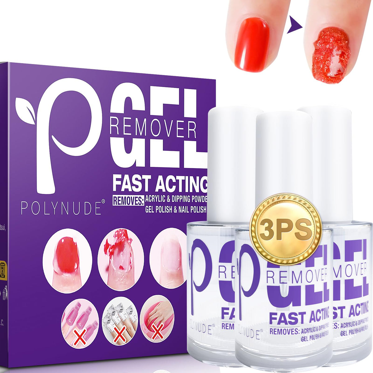Polynude gel nail polish remover 3-pack bottles for easy at-home removal