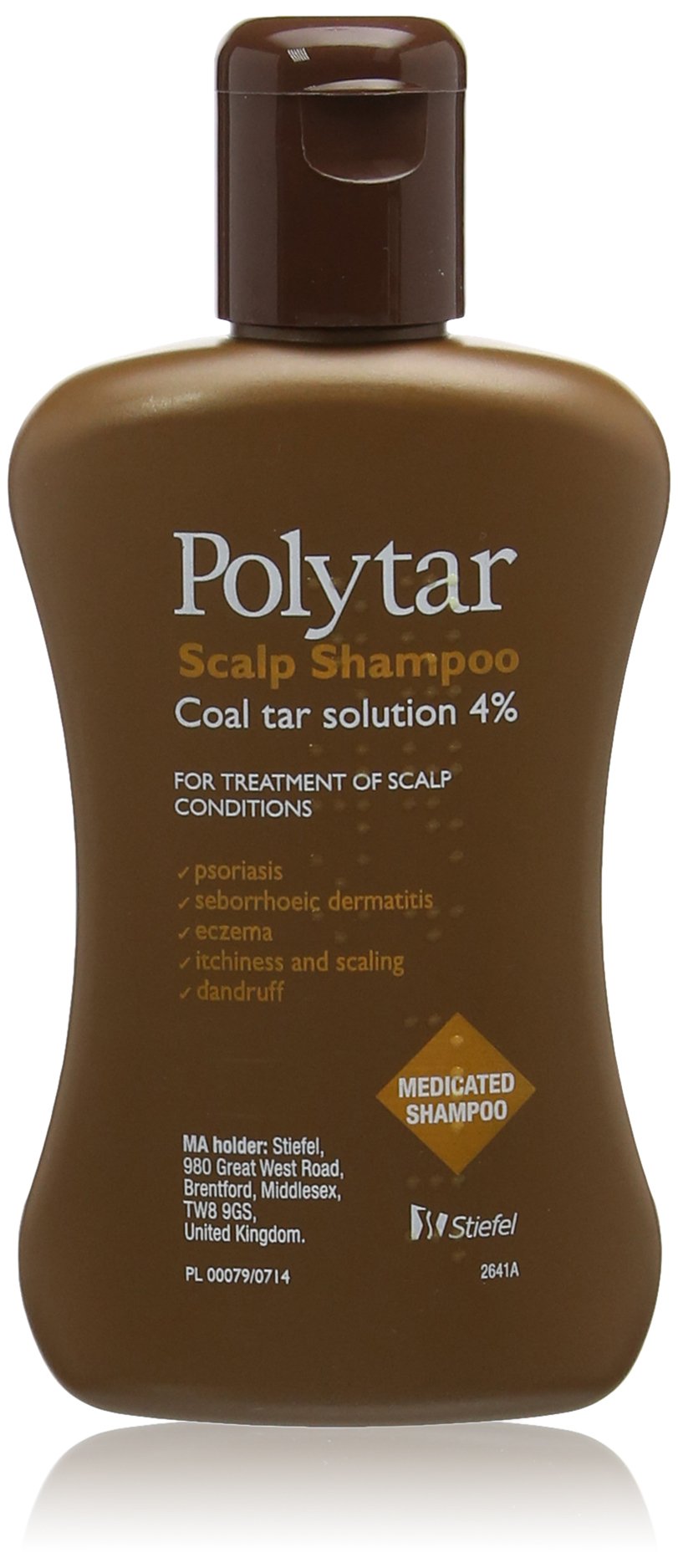 Polytar bottle pour provides easy dispensing for regular scalp cleansing.
