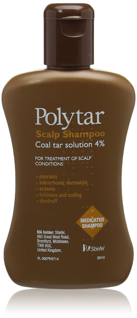 Polytar bottle pour provides easy dispensing for regular scalp cleansing.