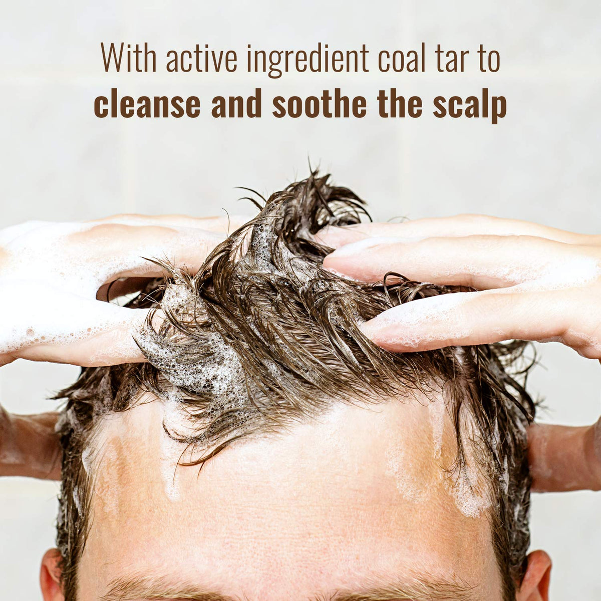 Polytar scalp cleanse foam demonstrates reach across the scalp for a thorough wash.