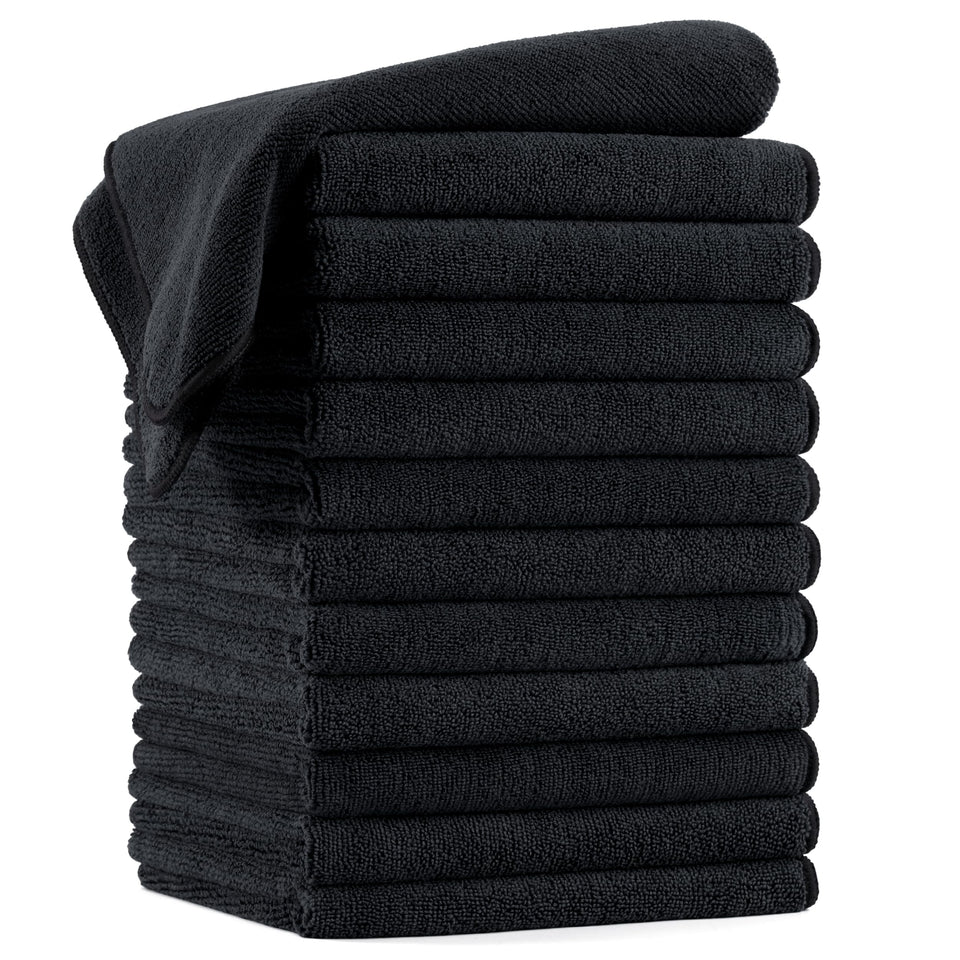POLYTE quick-dry microfiber hair towel in black absorbs water quickly for salon-style drying