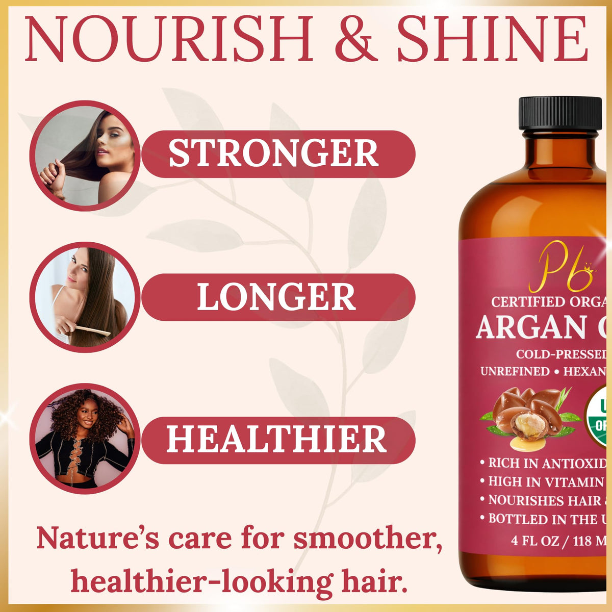 Close-up of Pomberries Argan Oil in amber glass bottle for easy use.