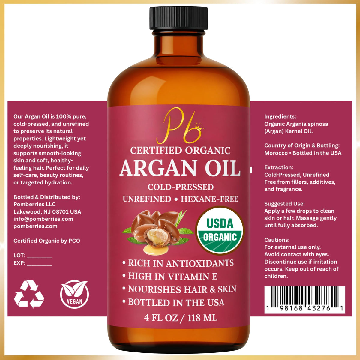 Pomberries Argan Oil daily routine image for hair and skin care.
