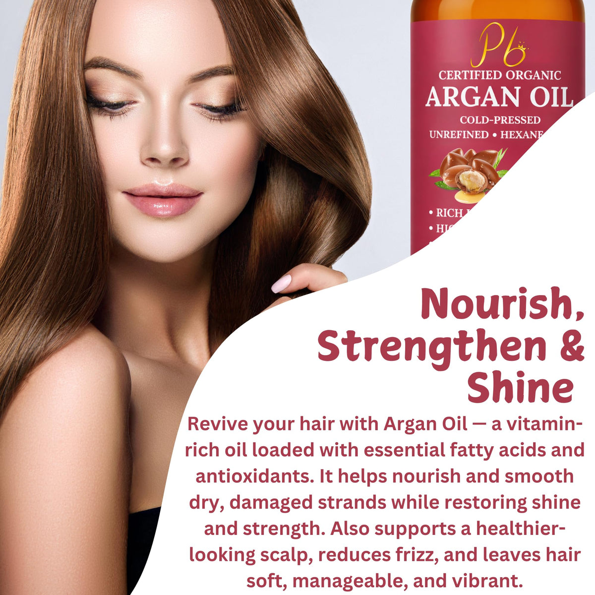 Pomberries Argan Oil dropper close-up enabling precise, mess-free dosing.
