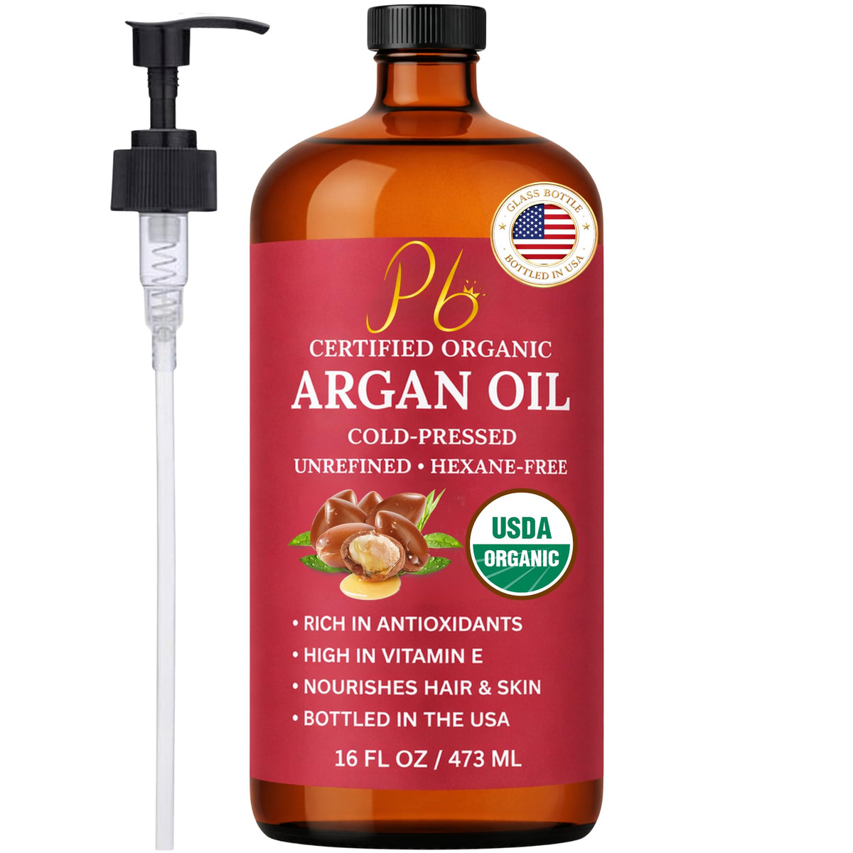 Pomberries Argan Oil pump bottle for easy daily hair and skin care.