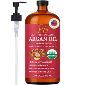 Pomberries Argan Oil pump bottle for easy daily hair and skin care.