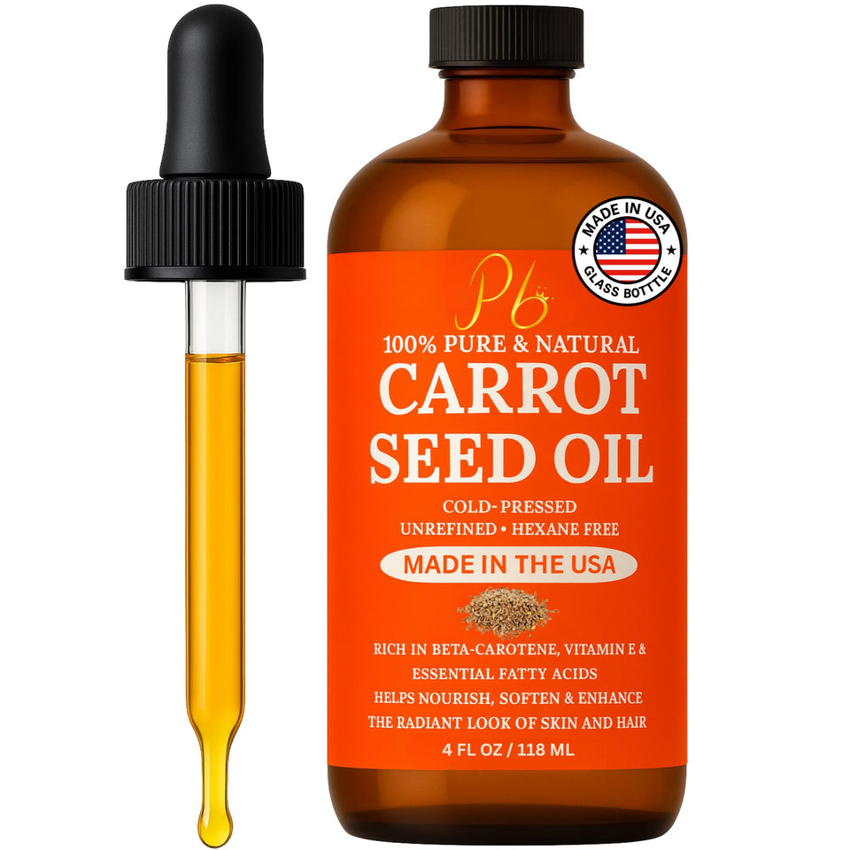 Pomberries Carrot Seed Oil bottle closeup for pure, versatile skin and hair care.