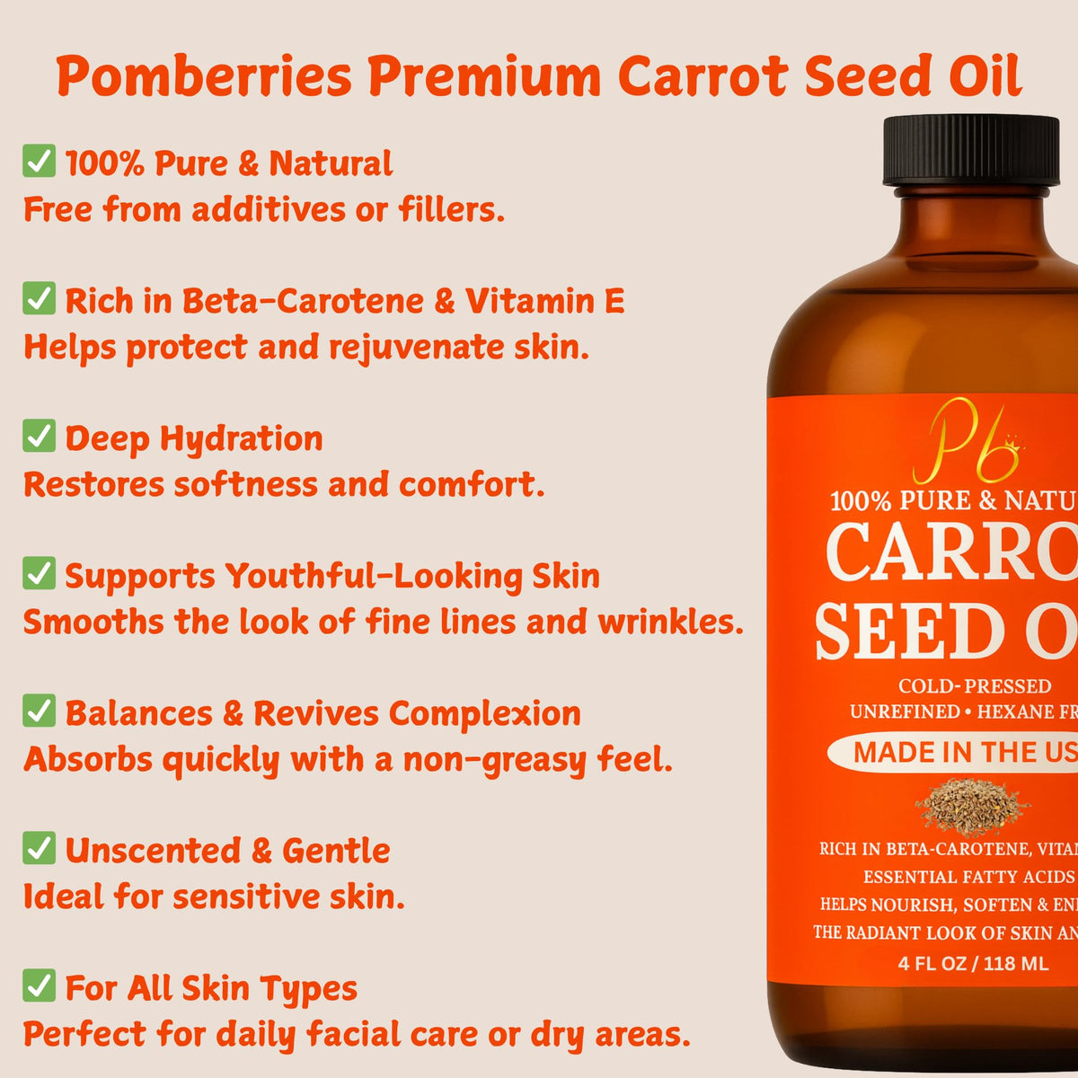 Pomberries Carrot Seed Oil droplet on palm suggests light hydration.