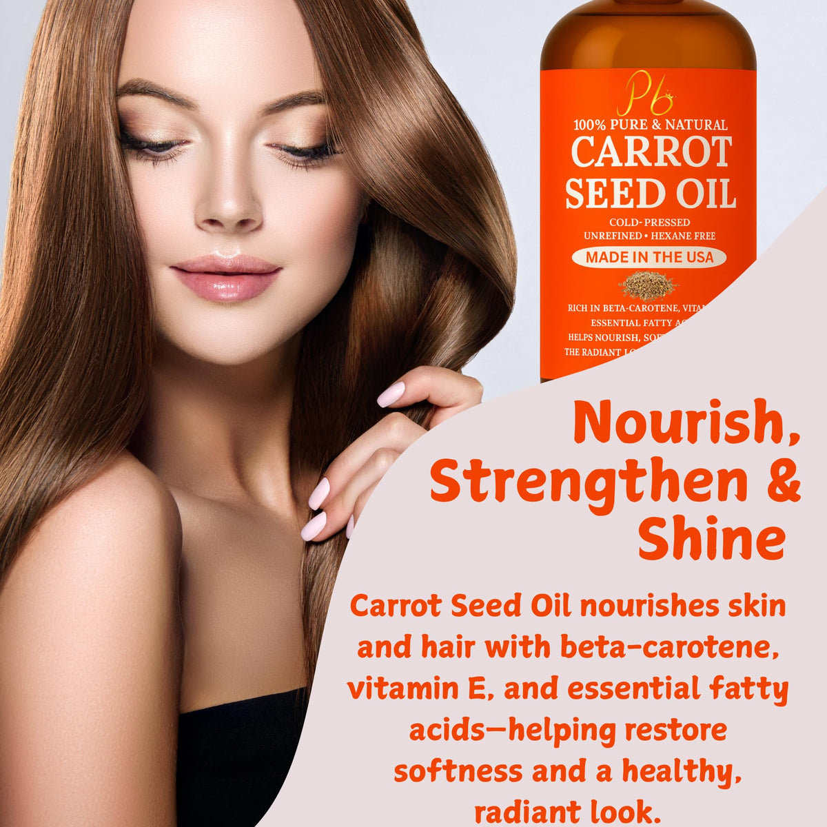 Pomberries Carrot Seed Oil face application on cheeks signals smoothing moisture.